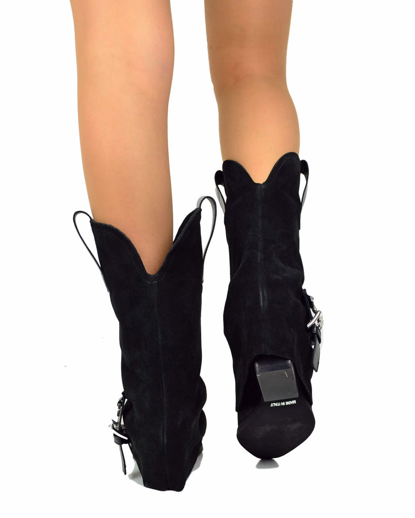 Stivali Texani Donna in Pelle Scamosciata Neri con Ghetta e Fibbia - 6