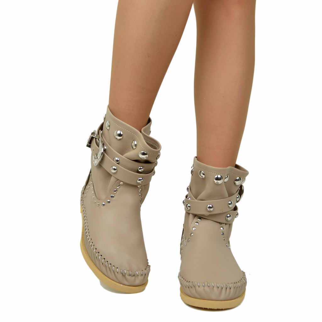 Native American Moccasin Boots – Low Indianini in Beige Leather - 5