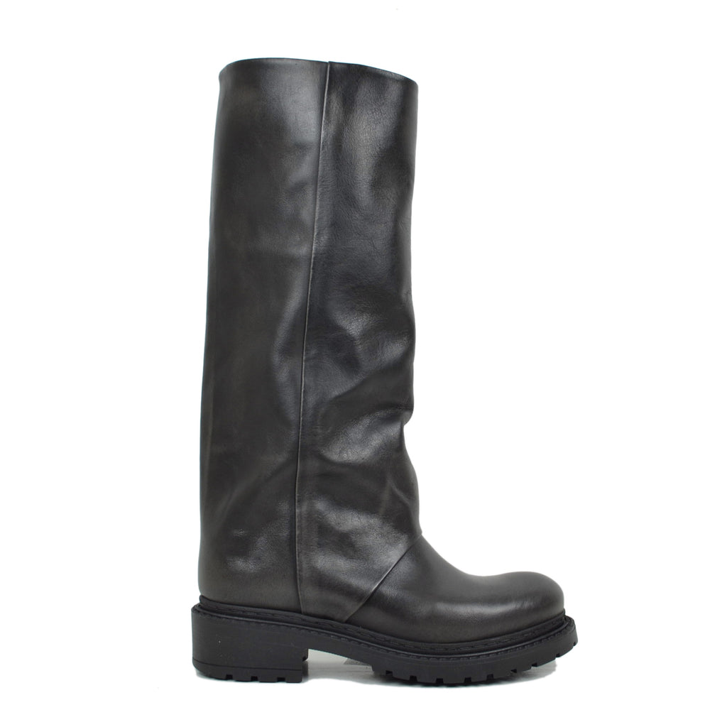 Schwarze hohe Biker Boots mit echter Ledergamasche und Gummisohle - 2