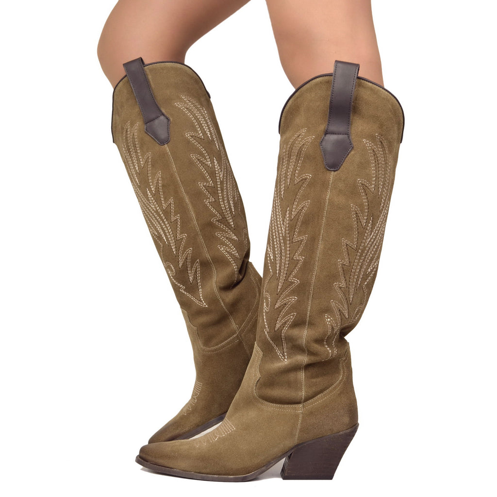 Taupe Suede Knee High Cowboy Boots with Stitching