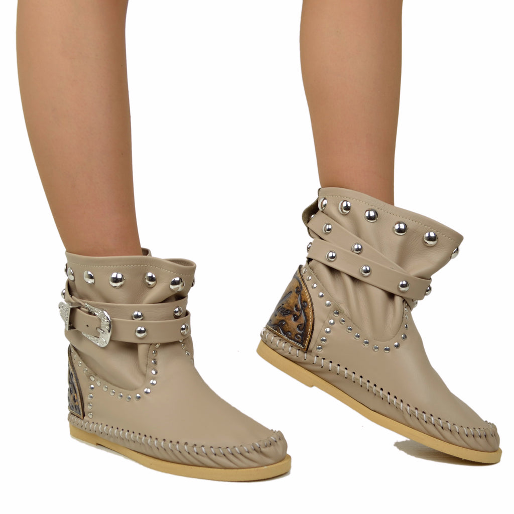 Native American Moccasin Boots – Low Indianini in Beige Leather - 6
