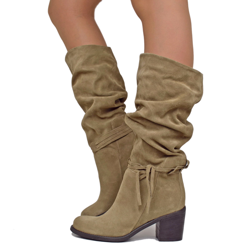 Medium High Boots Tapered Leg Suede Leather Taupe