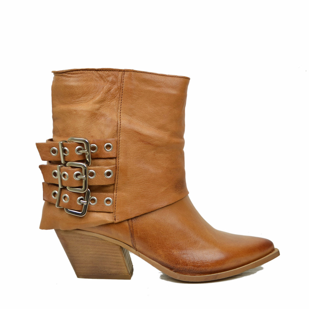 Cowboy Ankle Boots with Gaiter Bold Leather Vintage Effect Cognac - 2
