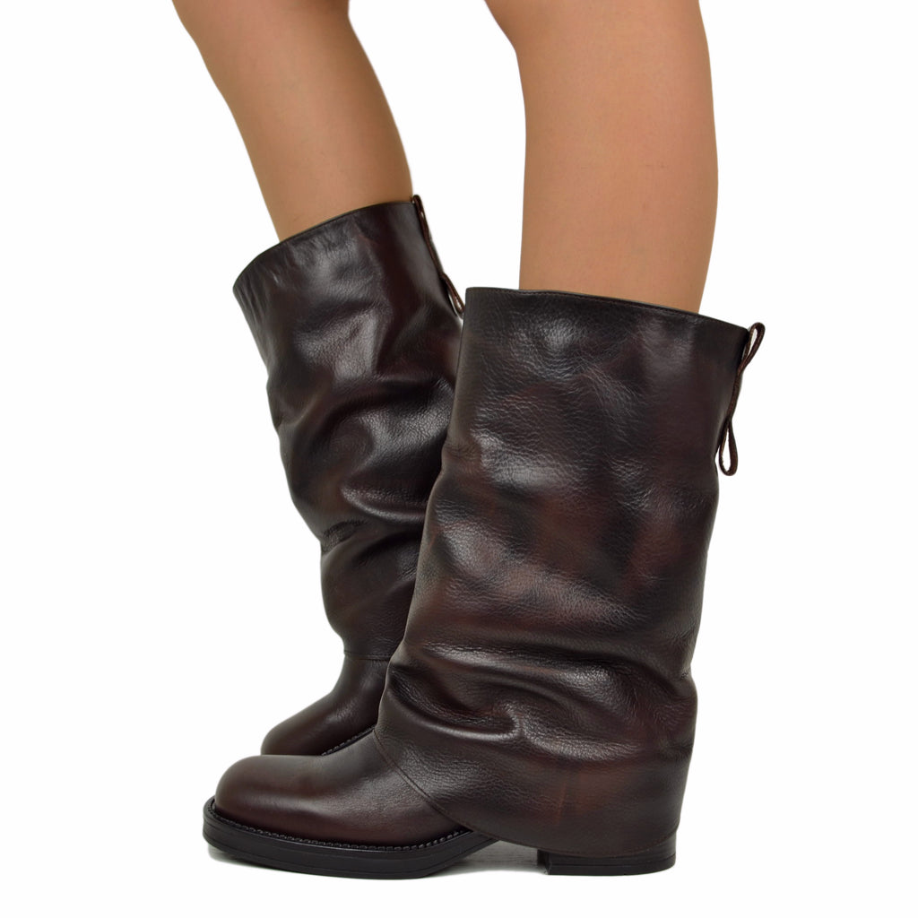 Biker with Gaiter Square Toe Mid-High Genuine Dark Brown Leather