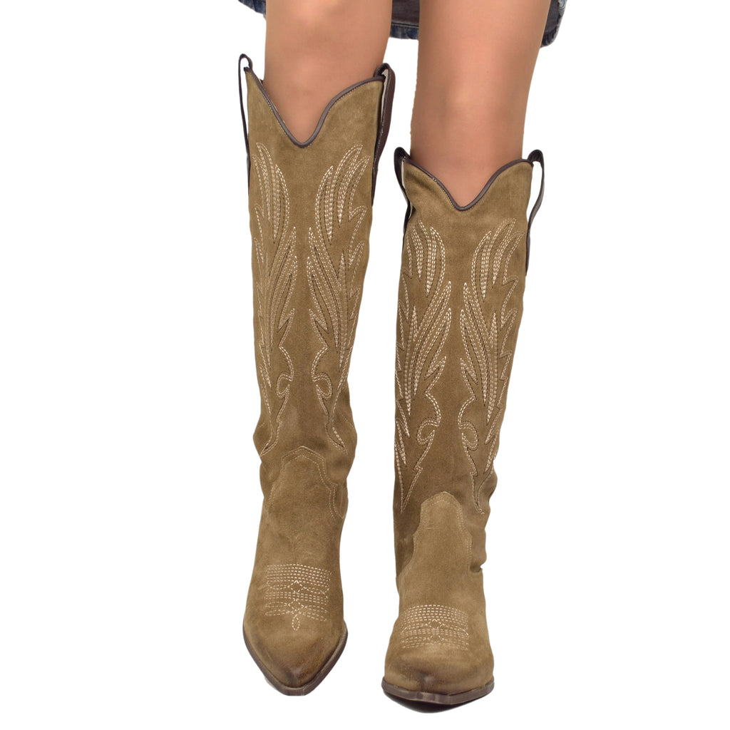 Taupe Suede Knee High Cowboy Boots with Stitching - 4