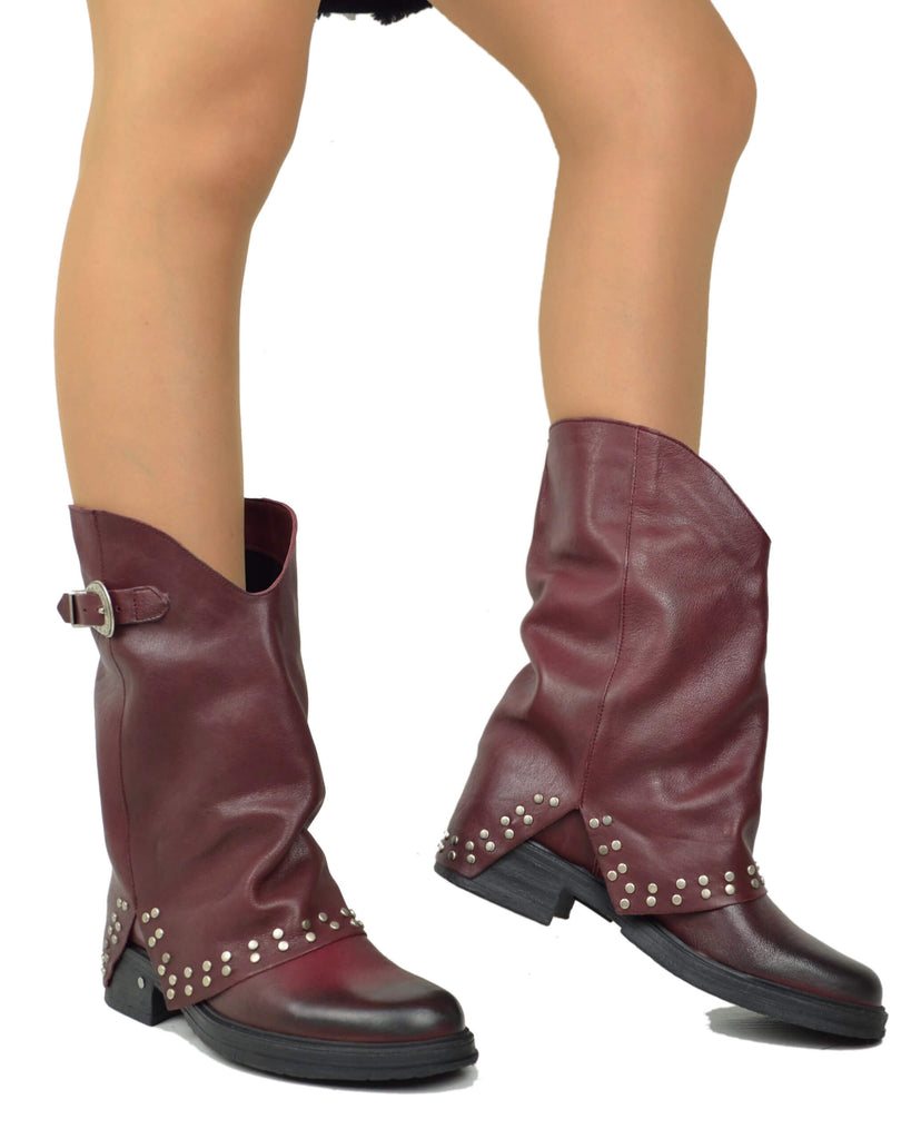 Biker Boots con Borchie Argentate e Ghetta Vera Pelle Bordeaux Gambale Ampio - 4