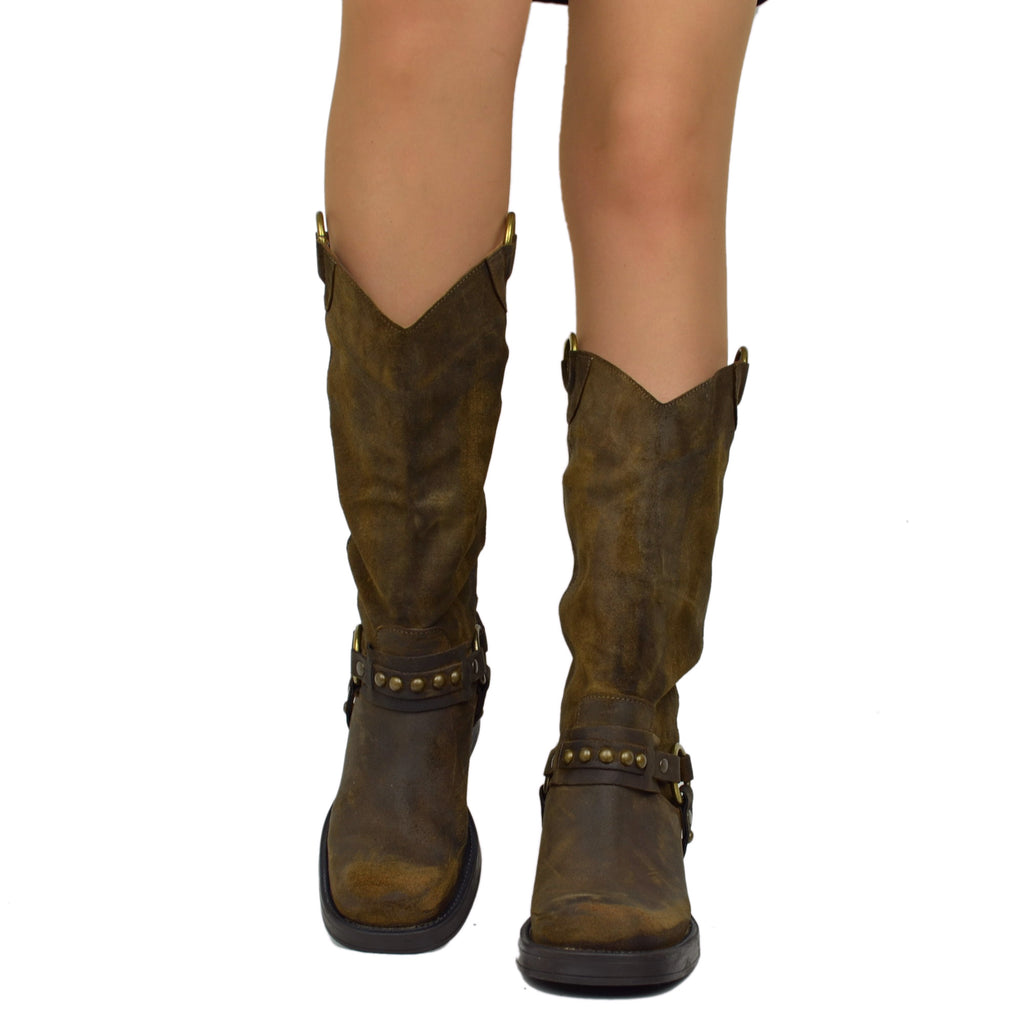 Biker con Dettagli Western Borchie Bronzo e Punta Quadrata in Pelle Ingrassata Marrone - 3