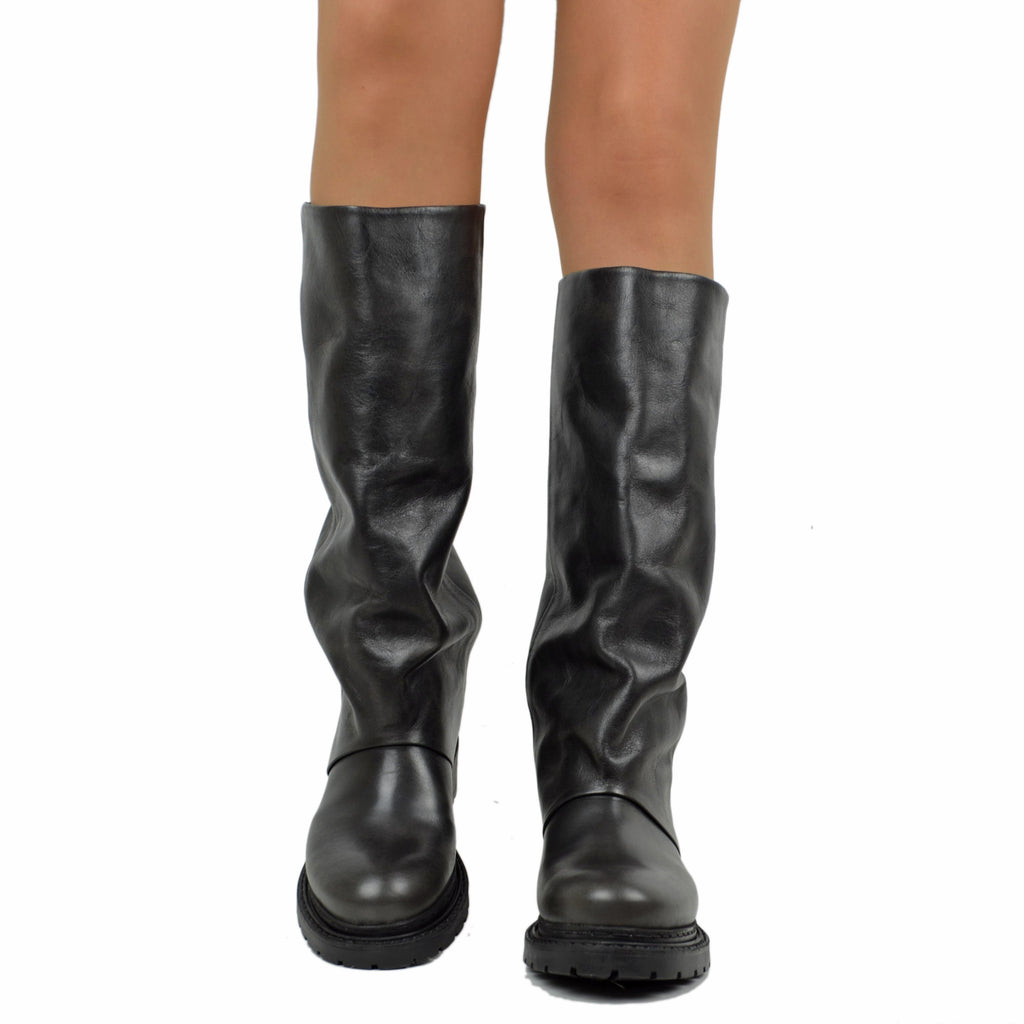 Schwarze hohe Biker Boots mit echter Ledergamasche und Gummisohle - 3