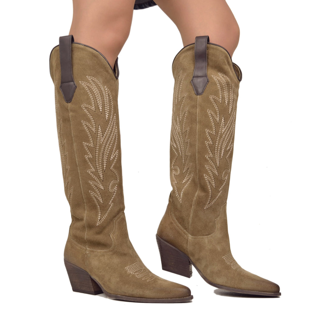 Taupe Suede Knee High Cowboy Boots with Stitching - 5
