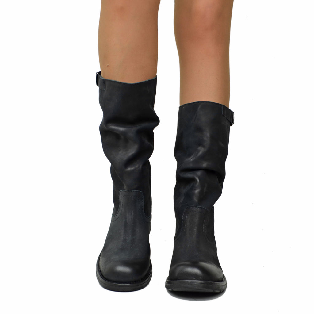 Stivali Biker Boots a Metà Polpaccio in Pelle Vintage Neri - 4