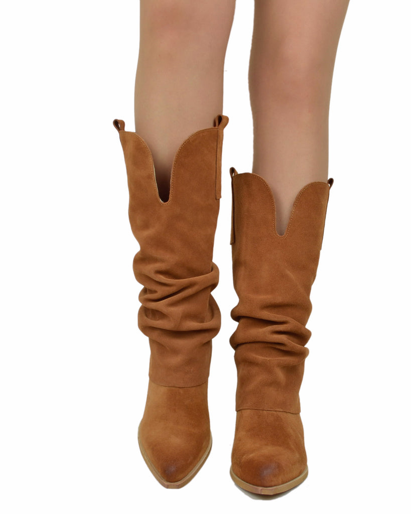 Wide Calf Suede Cowboy Boots with Soft Shaft – 7 cm Heel – Tan - 3