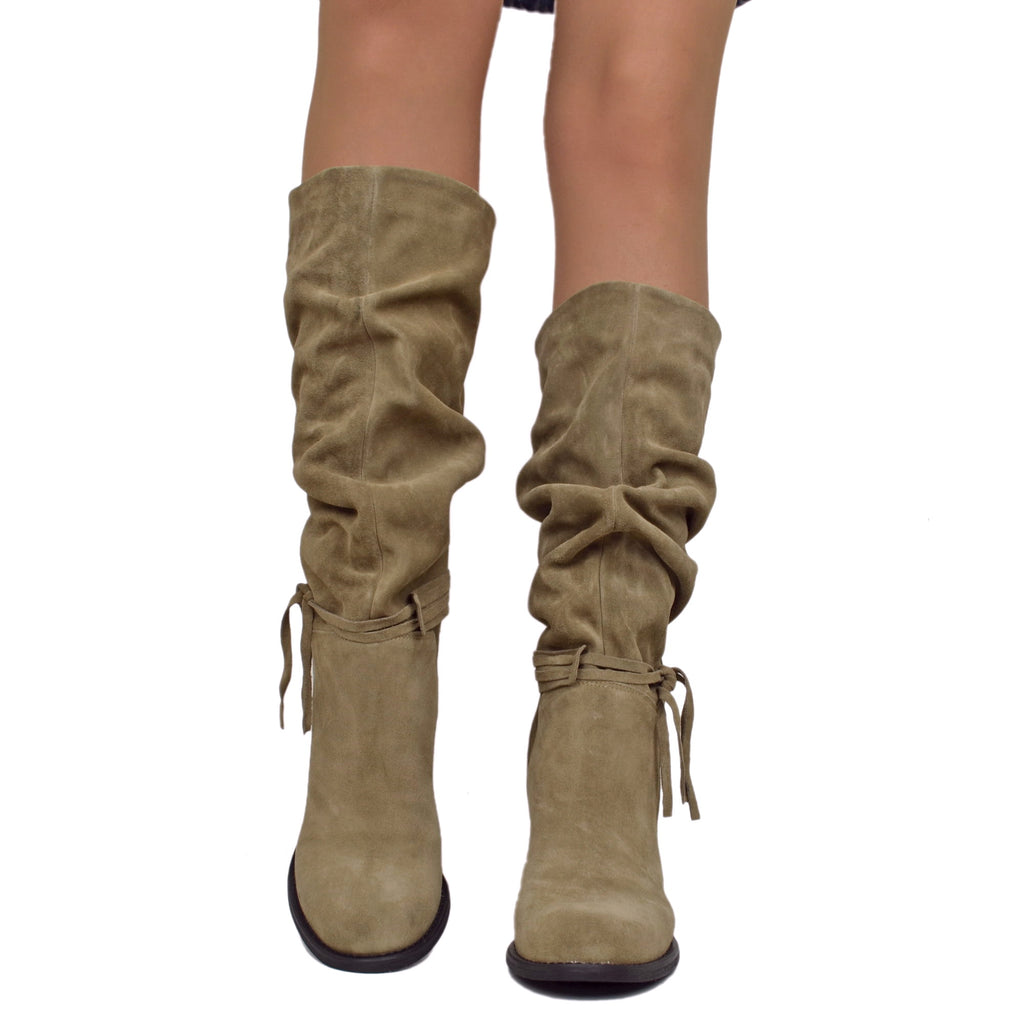 Medium High Boots Tapered Leg Suede Leather Taupe - 2