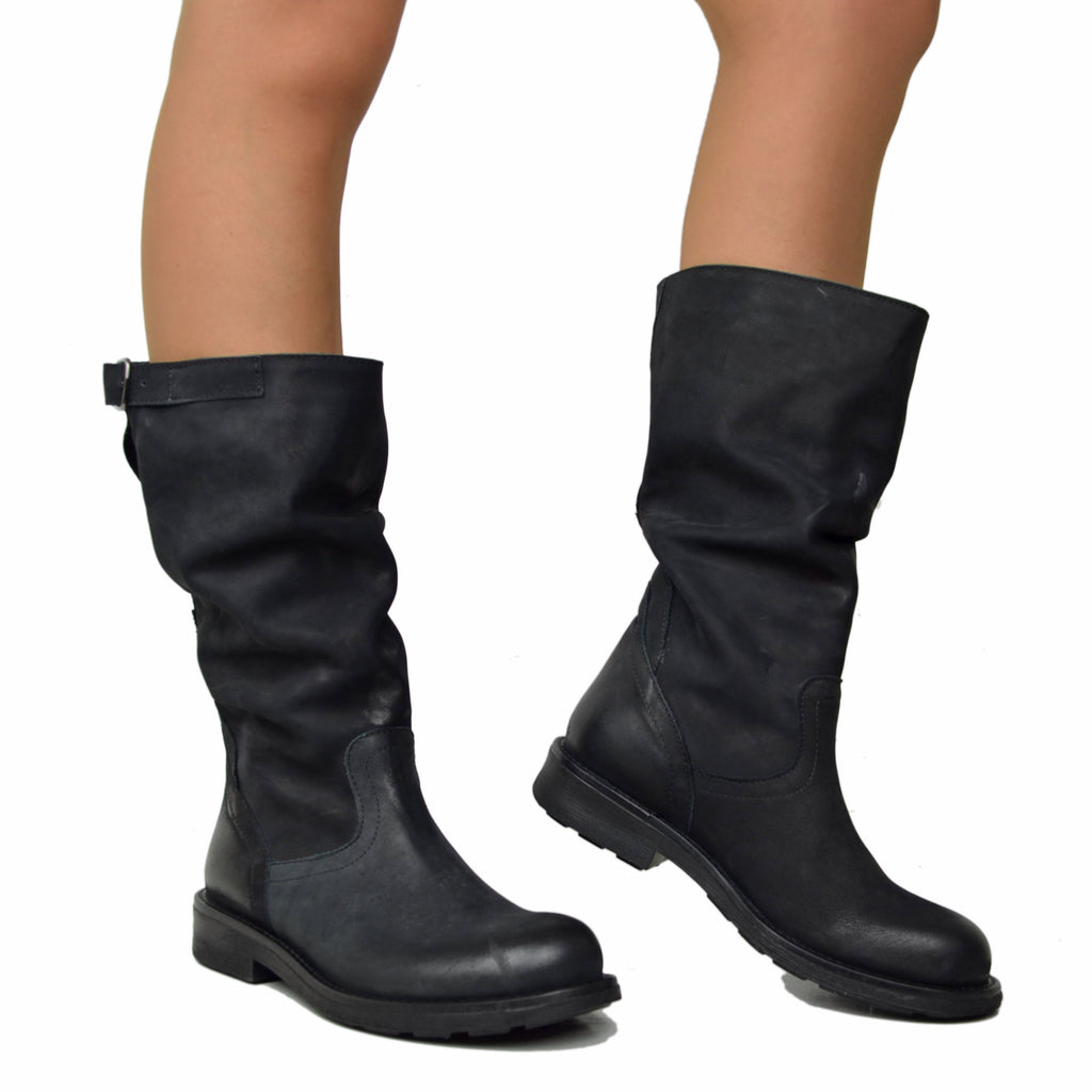 Stivali Biker Boots a Metà Polpaccio in Pelle Vintage Neri - 3