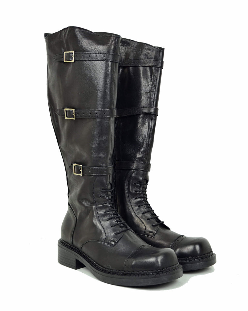 Stivali Biker Alti con Lacci Punta Quadrata Vera Pelle Coda di Rondine - 2