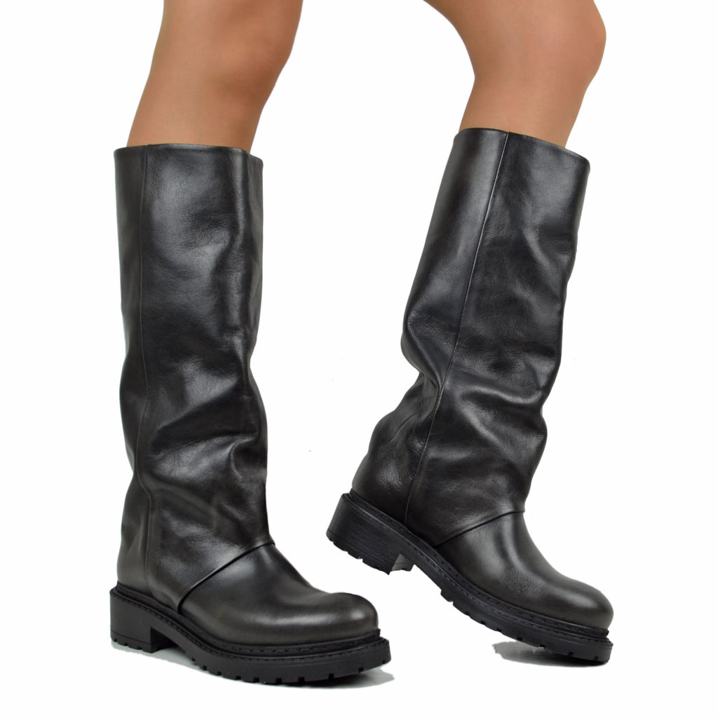 Schwarze hohe Biker Boots mit echter Ledergamasche und Gummisohle - 4