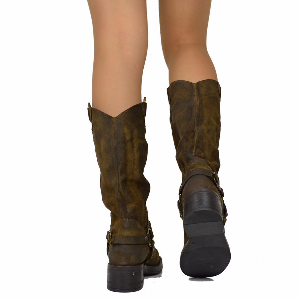 Biker con Dettagli Western Borchie Bronzo e Punta Quadrata in Pelle Ingrassata Marrone - 5