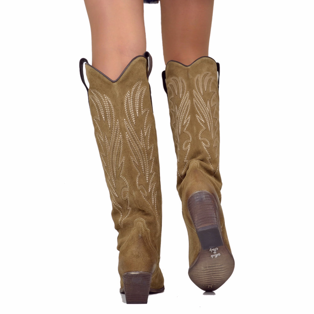 Taupe Suede Knee High Cowboy Boots with Stitching - 6