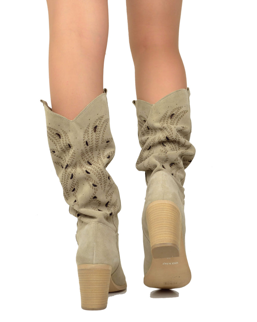 Wide Shaft Perforated Suede Boots – Floral Laser Cut, Beige - 3