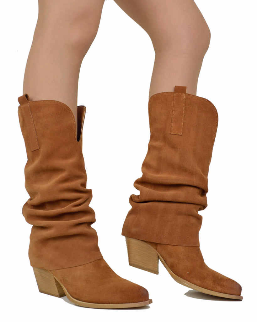 Wide Calf Suede Cowboy Boots with Soft Shaft – 7 cm Heel – Tan - 4