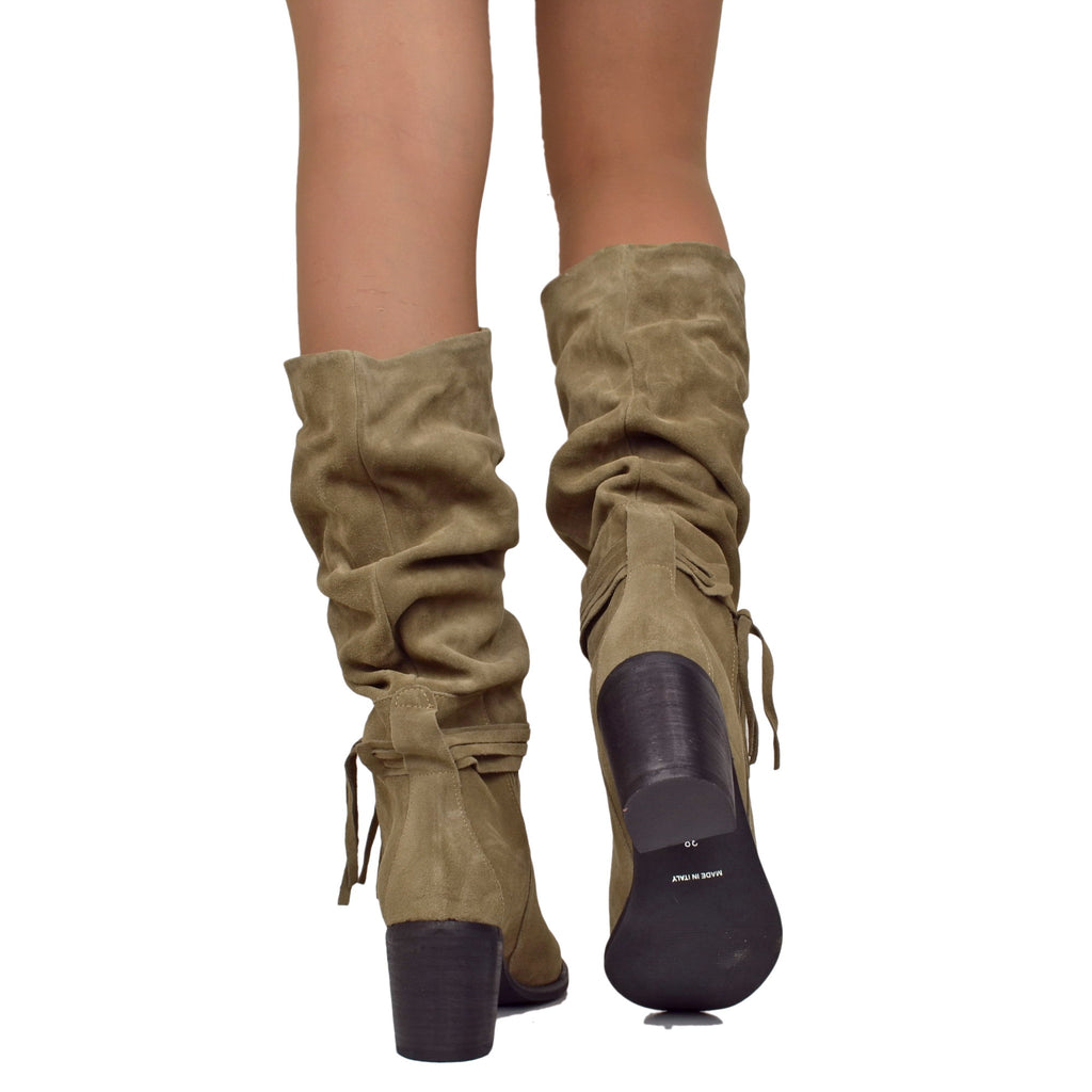 Medium High Boots Tapered Leg Suede Leather Taupe - 4