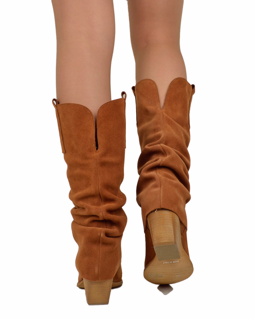 Wide Calf Suede Cowboy Boots with Soft Shaft – 7 cm Heel – Tan - 5