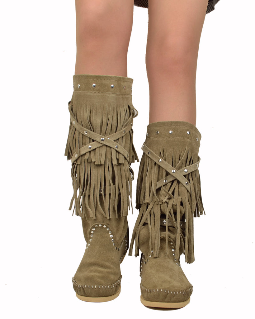 Indianini con Frange a Schiava Alti Morbidi Camoscio Taupe KIKKILINE - 3