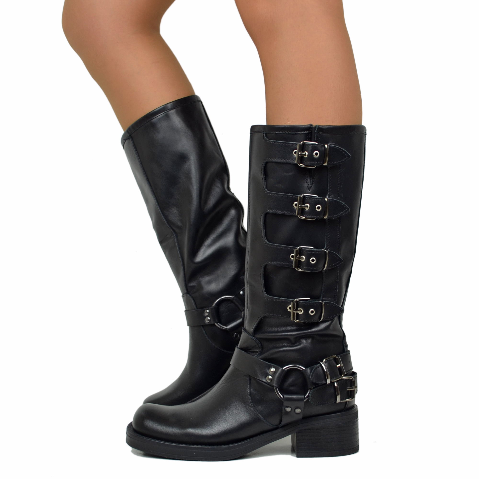 Buckle Black Biker Boots Square Toe in Leather Made in Italy