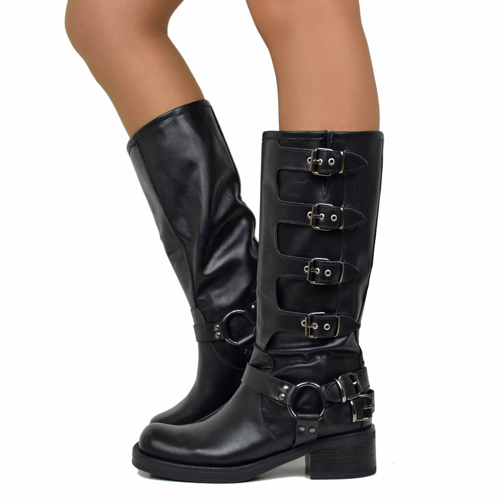 5 Buckle Black Biker Boots Square Toe in Leather Made in Italy