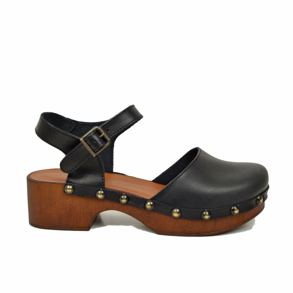 Black Leather Clog Sandals Low Heel Padded Insole - 2