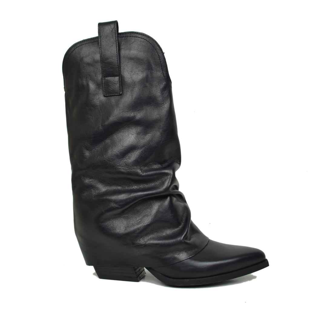 Real Leather Texan Boots Medium Shaft Black with Gaiter 7cm Heel - 2