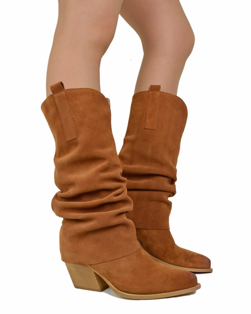 Wide Calf Suede Cowboy Boots with Soft Shaft – 7 cm Heel – Tan - 6