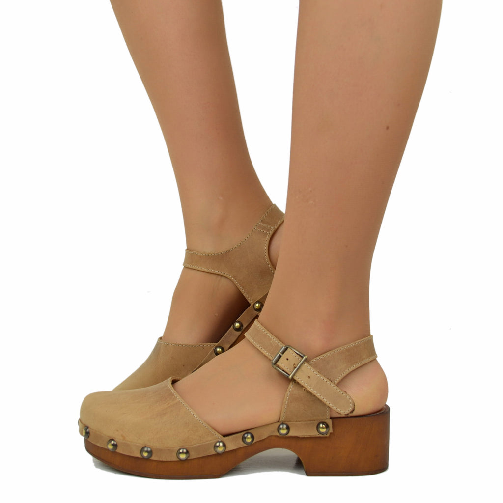 Camel Oiled Leather Clog Sandals with Low Heel