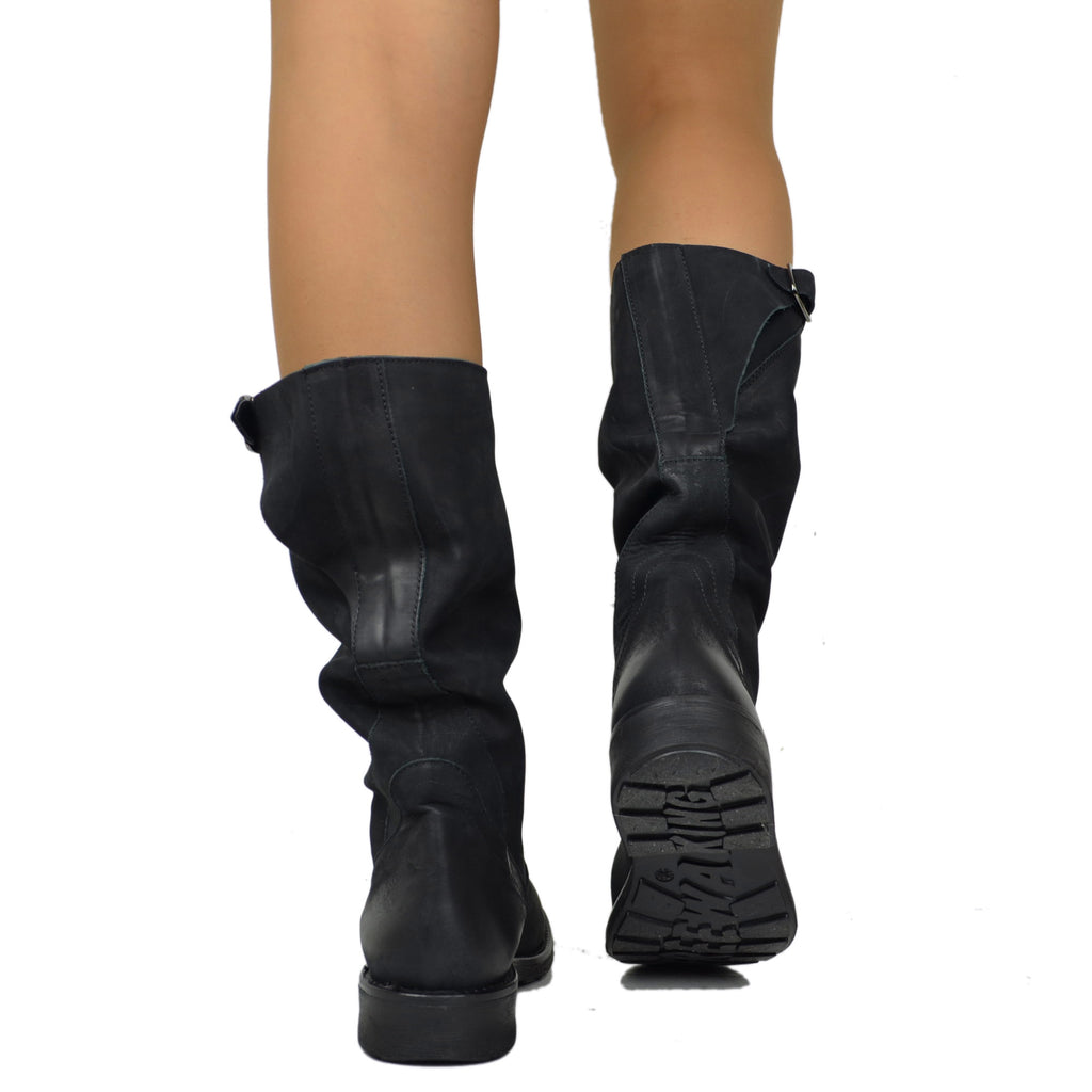 Stivali Biker Boots a Metà Polpaccio in Pelle Vintage Neri - 7