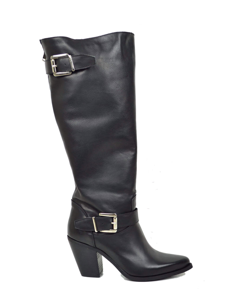 Stivali Texani Alti Neri con Fibbia in Pelle Made in Italy Gambale Largo - 2