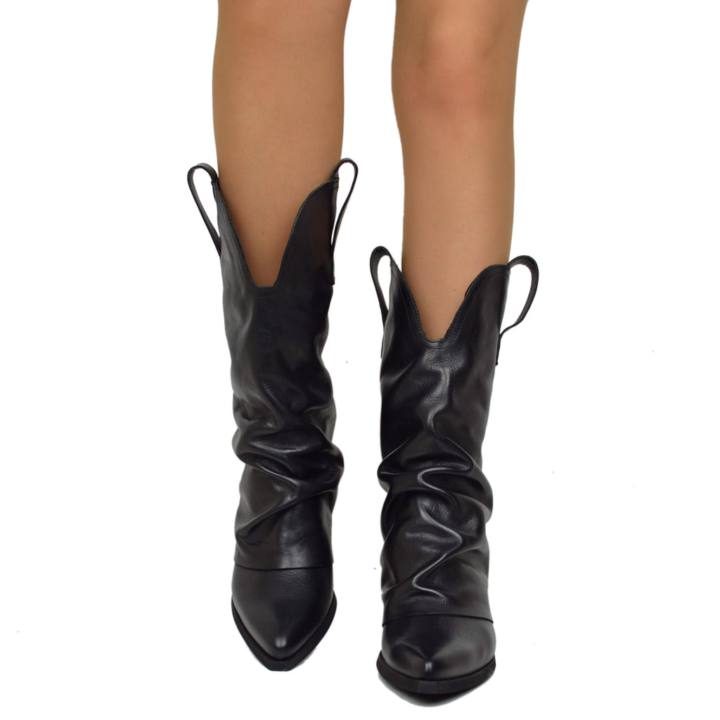 Real Leather Texan Boots Medium Shaft Black with Gaiter 7cm Heel - 3