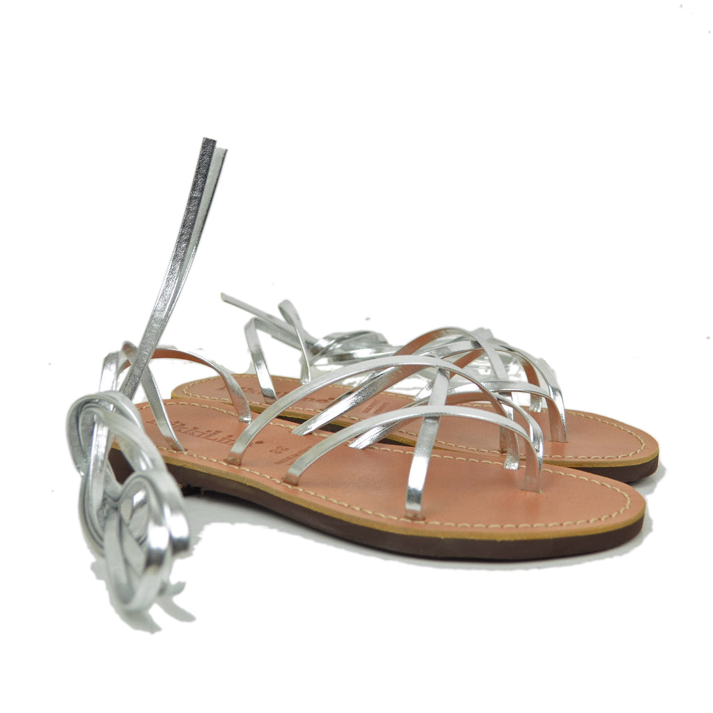 Sandali Infradito Argento alla Schiava Gladiatore Suoletta Cuoio by Kikkiline - 2