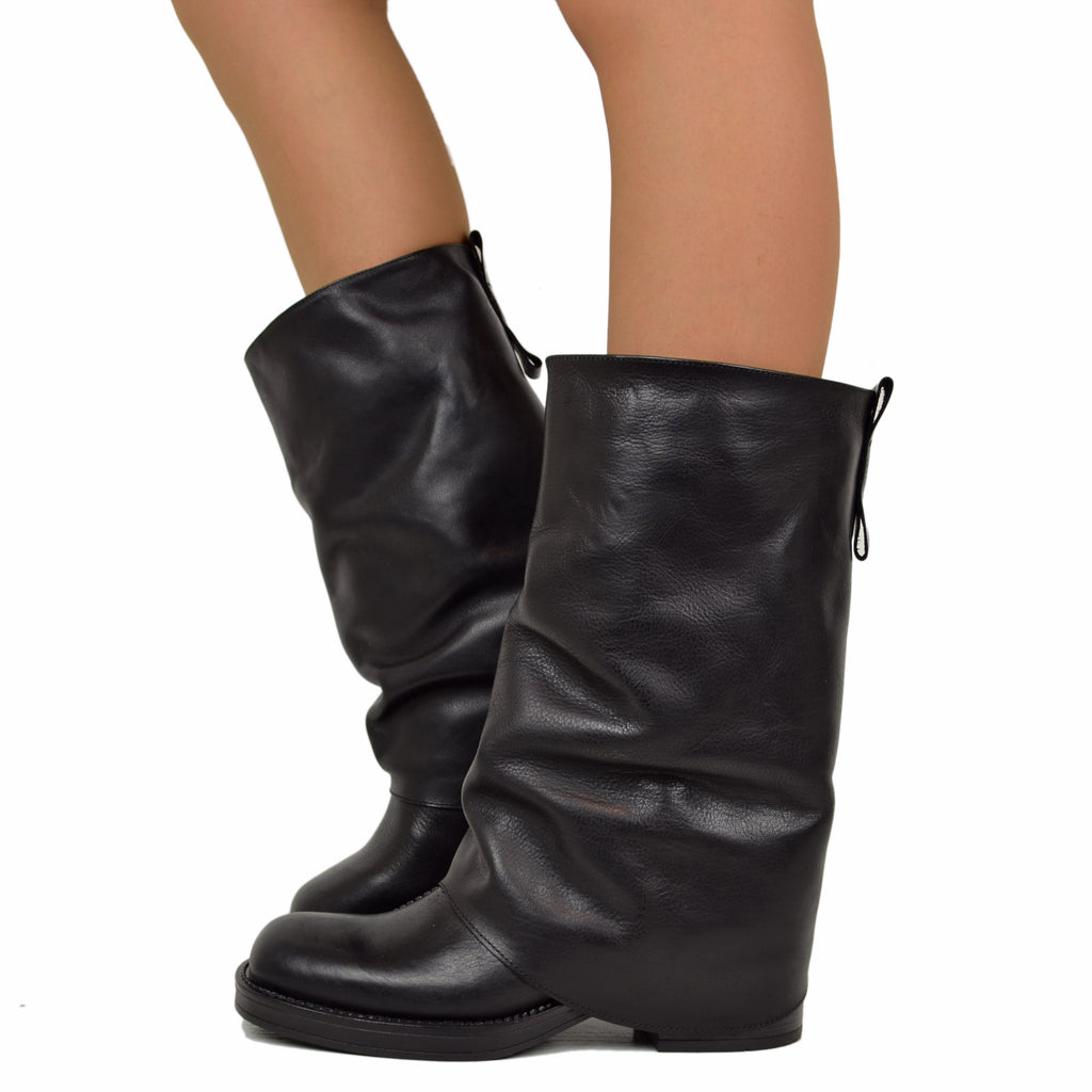 Biker with Square Toe Gaiter Mid-High Genuine Leather Black