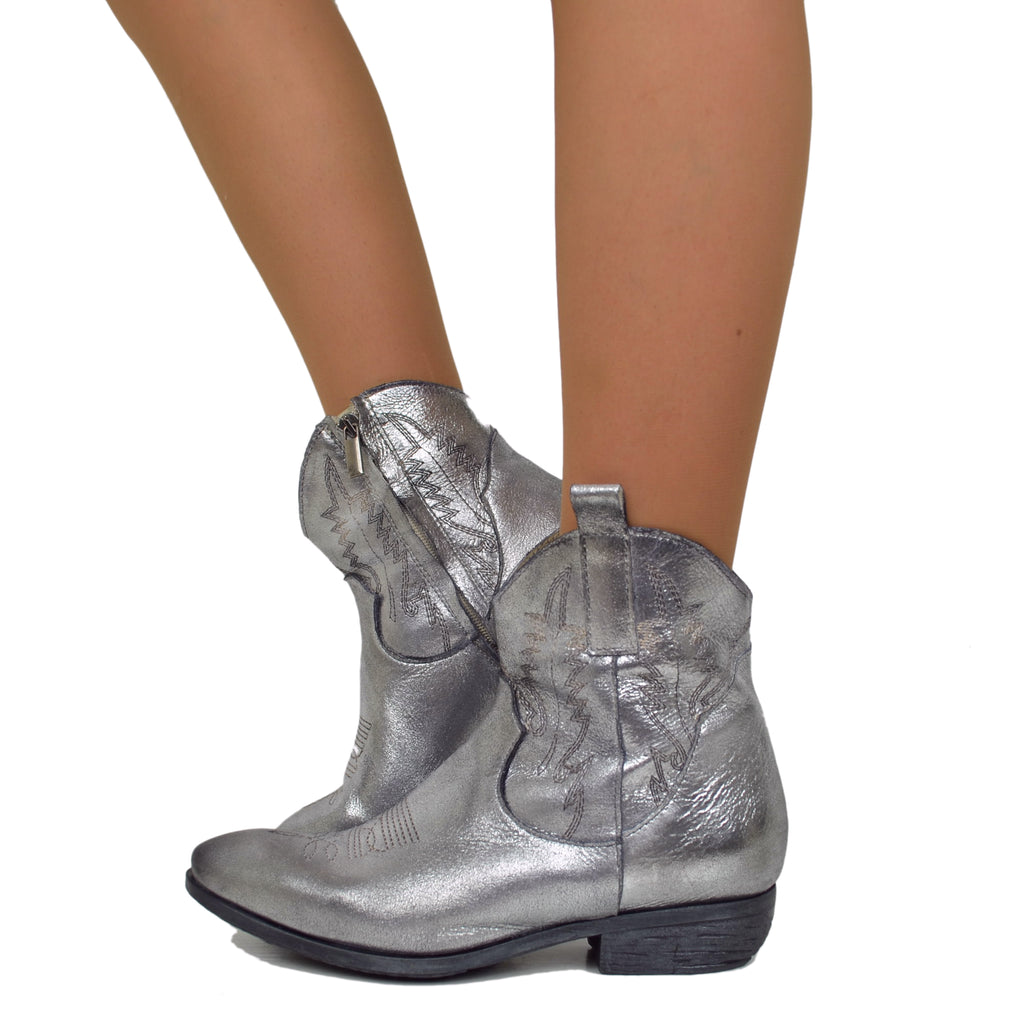 Women's Cowboy Boots in Genuine Silver Laminated Leather Made in Italy