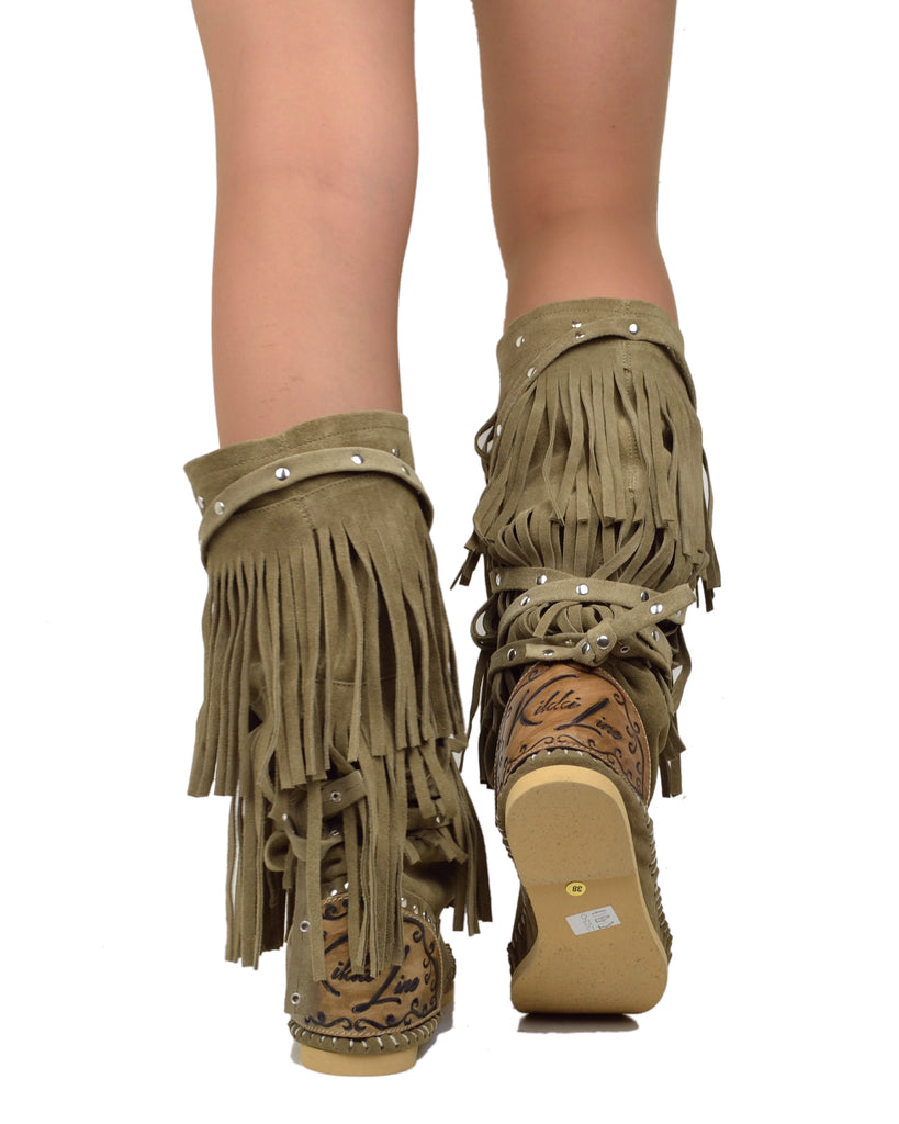 Indianini con Frange a Schiava Alti Morbidi Camoscio Taupe KIKKILINE - 4