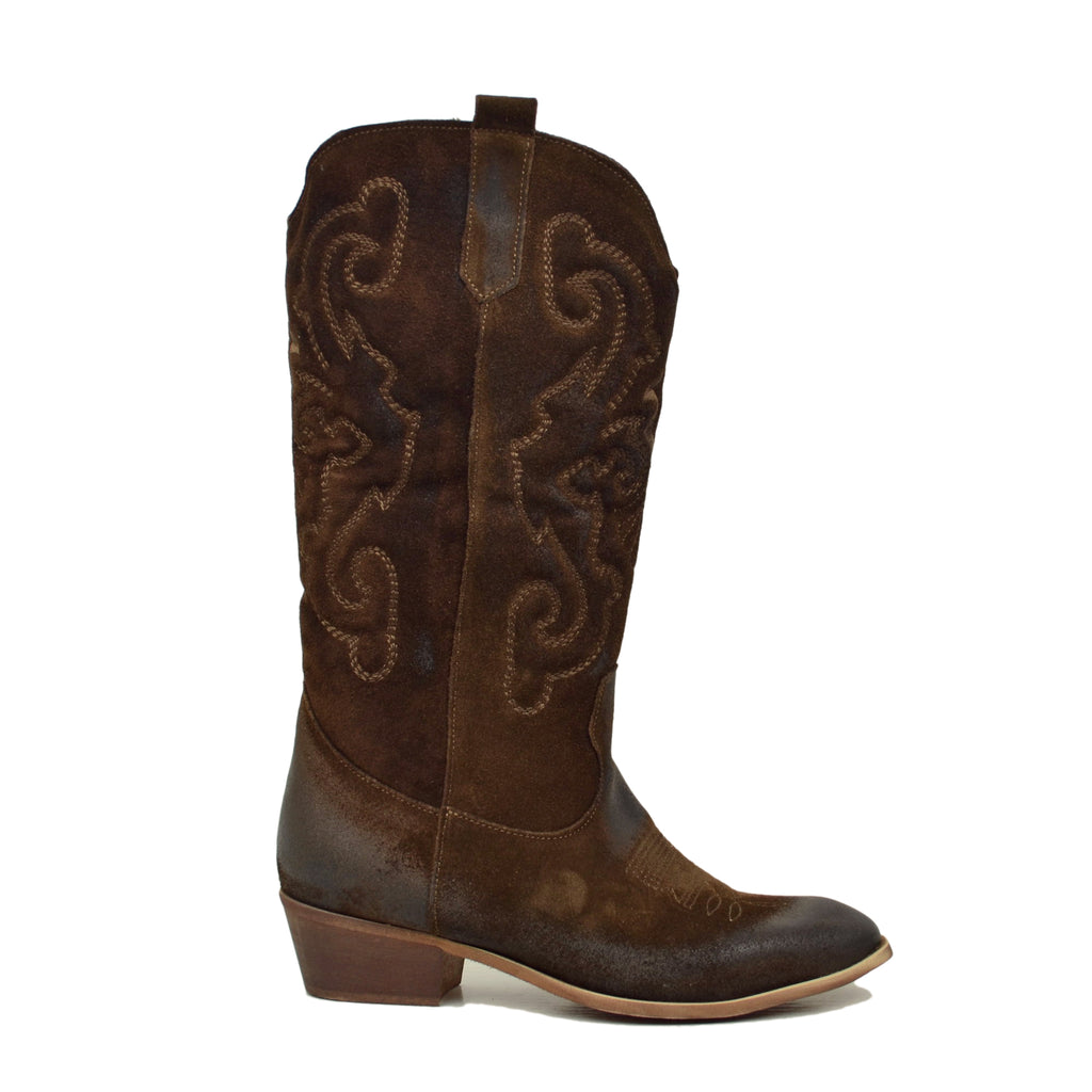 Brown Quilted Suede Texan Boots Heel 4 cm - 2