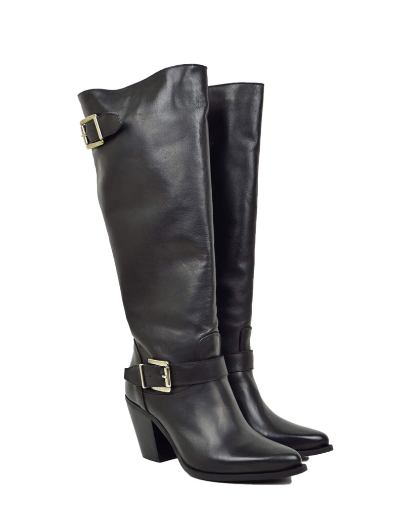 Stivali Texani Alti Neri con Fibbia in Pelle Made in Italy Gambale Largo - 6