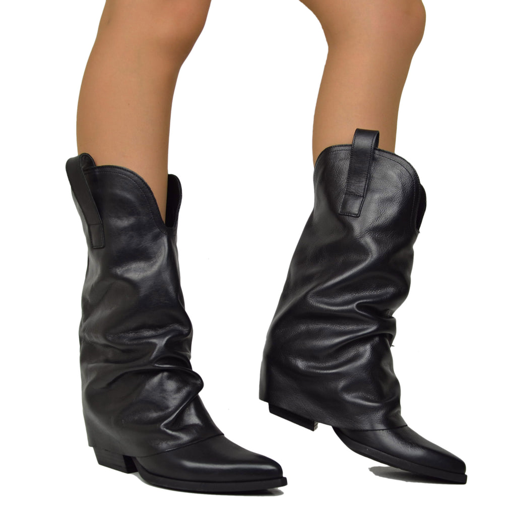 Real Leather Texan Boots Medium Shaft Black with Gaiter 7cm Heel - 4