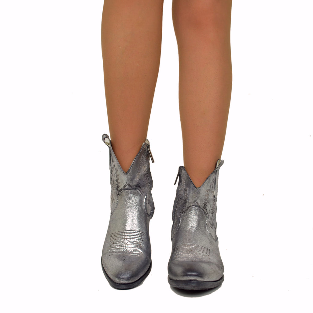 Women's Cowboy Boots in Genuine Silver Laminated Leather Made in Italy - 3
