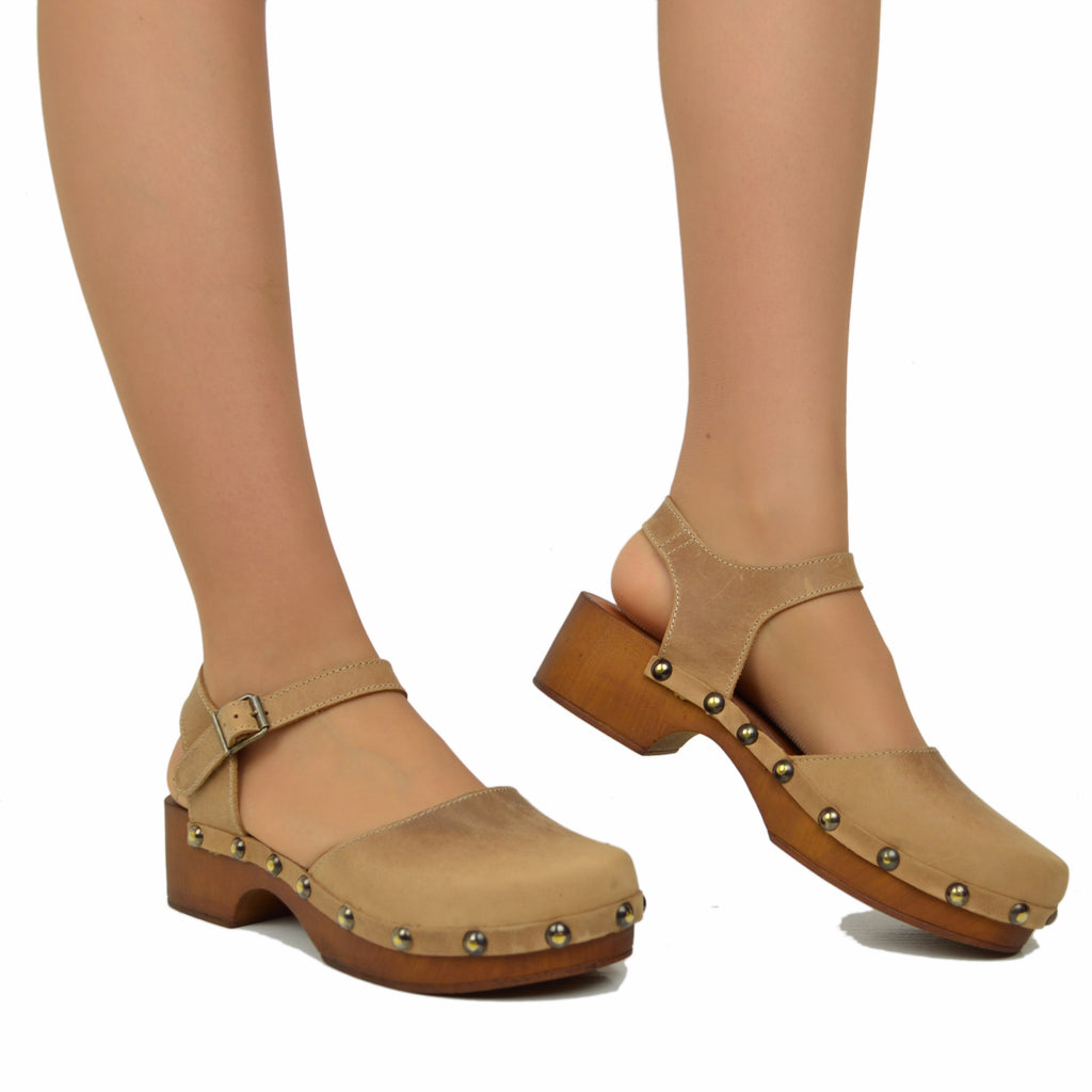 Camel Oiled Leather Clog Sandals with Low Heel - 4