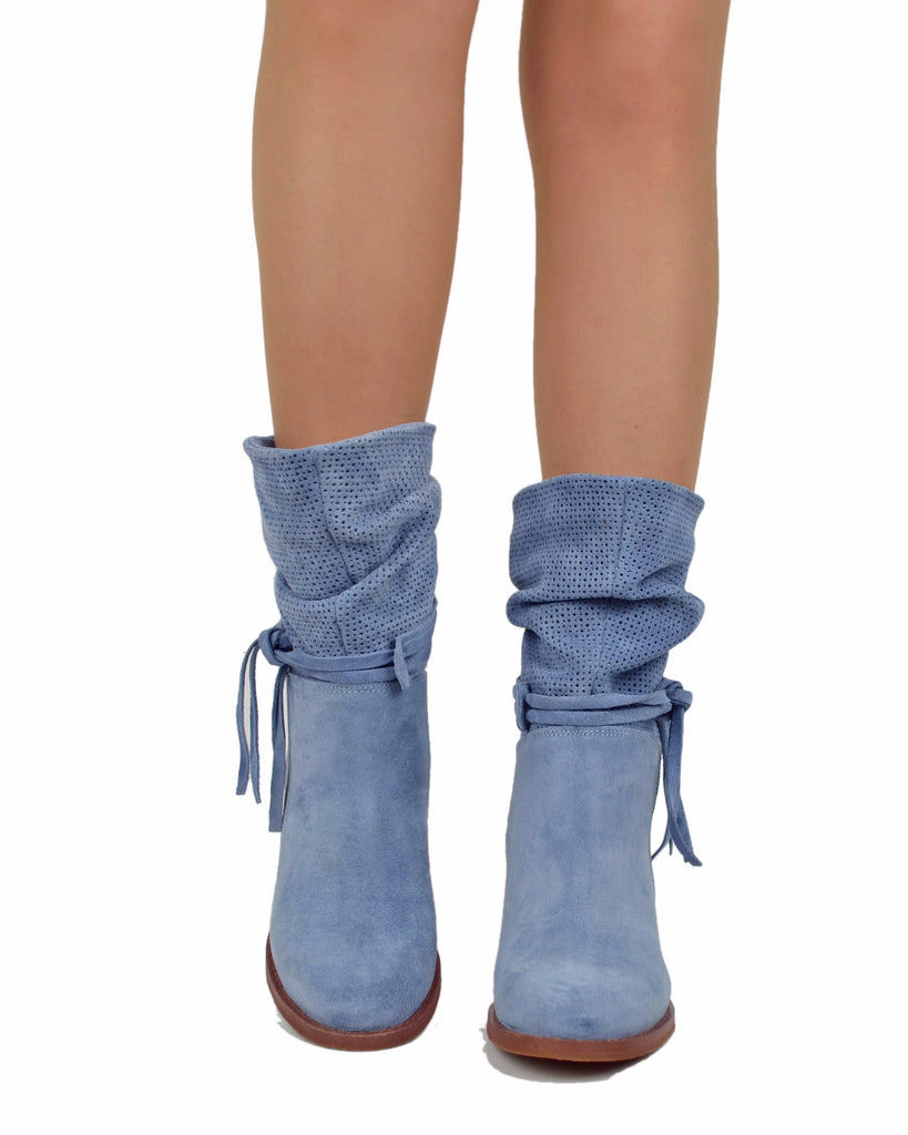 Weiche perforierte Stiefeletten – Sommer Wildleder-Booties – 7 cm Absatz – Jeansblau - 3