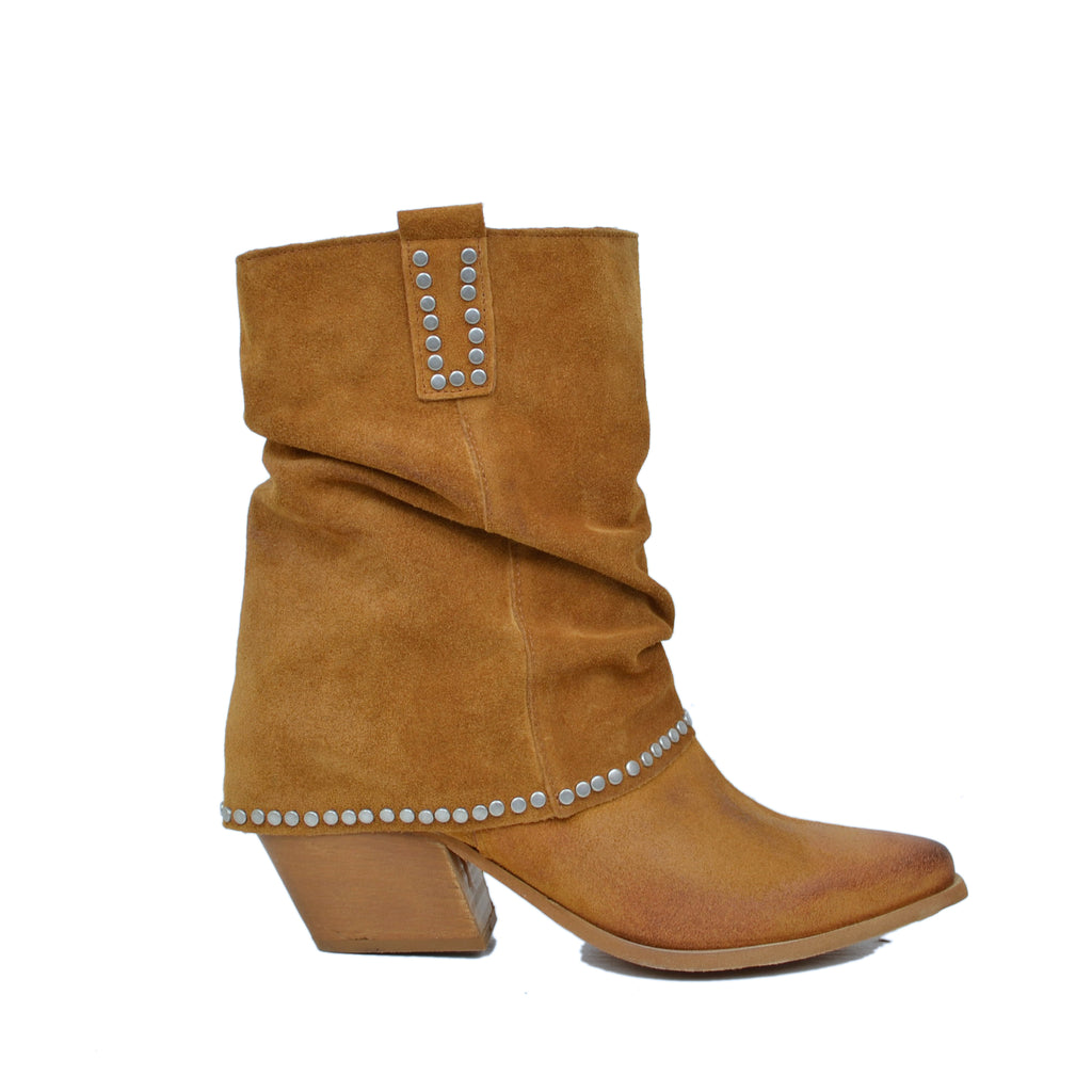 Women's Texan Boots in Leather Suede with Studs - 3
