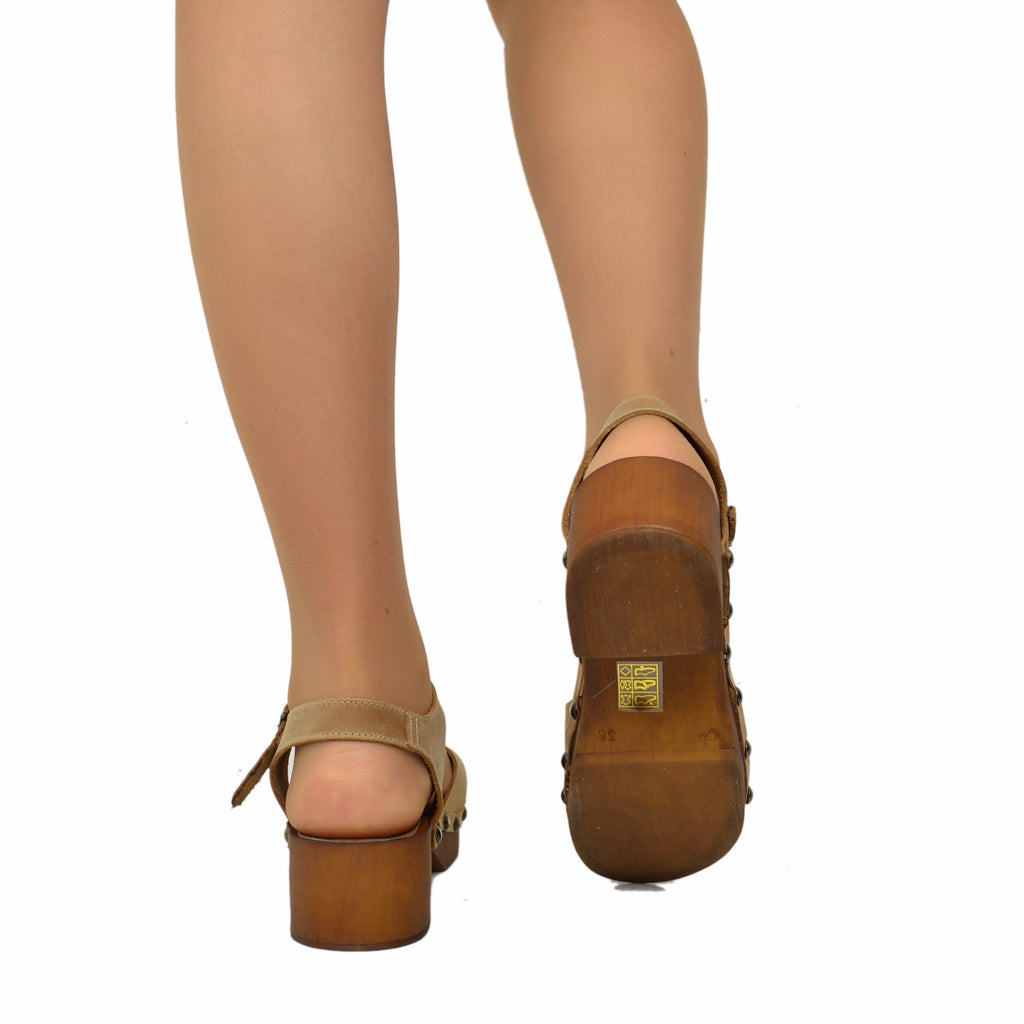 Camel Oiled Leather Clog Sandals with Low Heel - 5