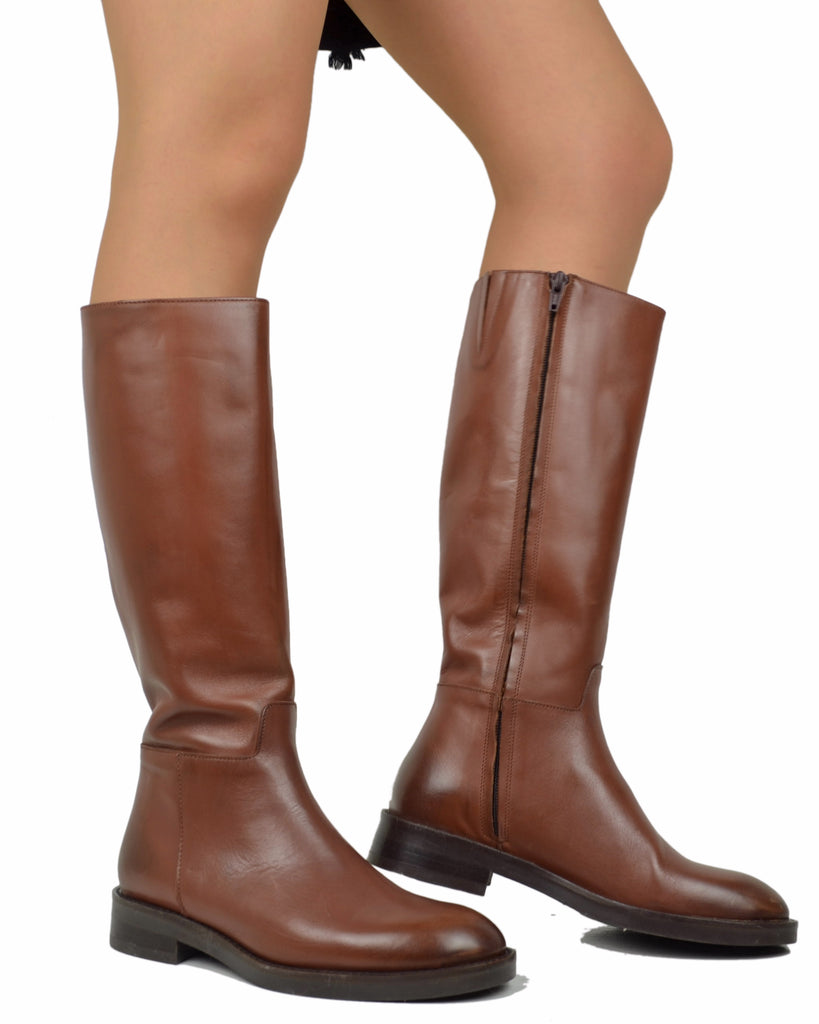 Stivali Cavallerizza Vera Pelle Fondo Gomma con Zip Sportivi Classici Cuoio - 5