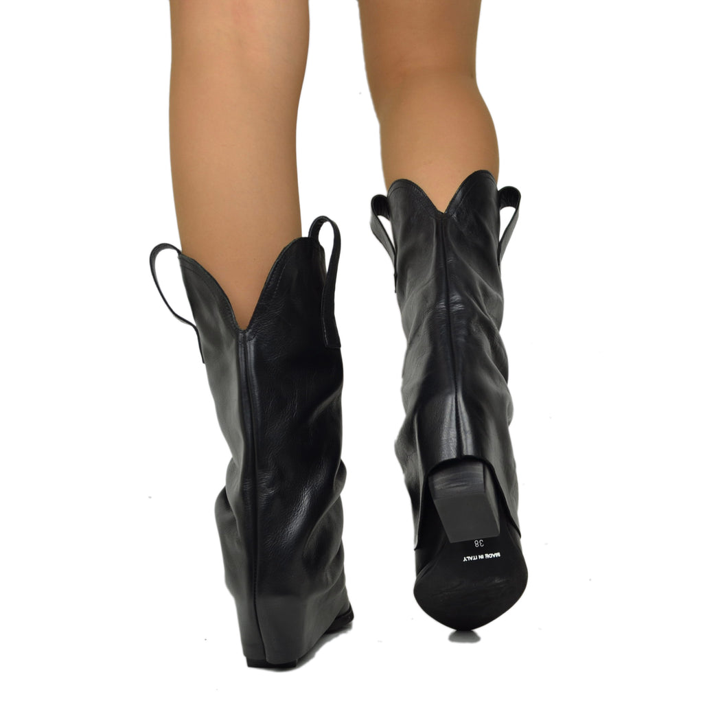Real Leather Texan Boots Medium Shaft Black with Gaiter 7cm Heel - 5