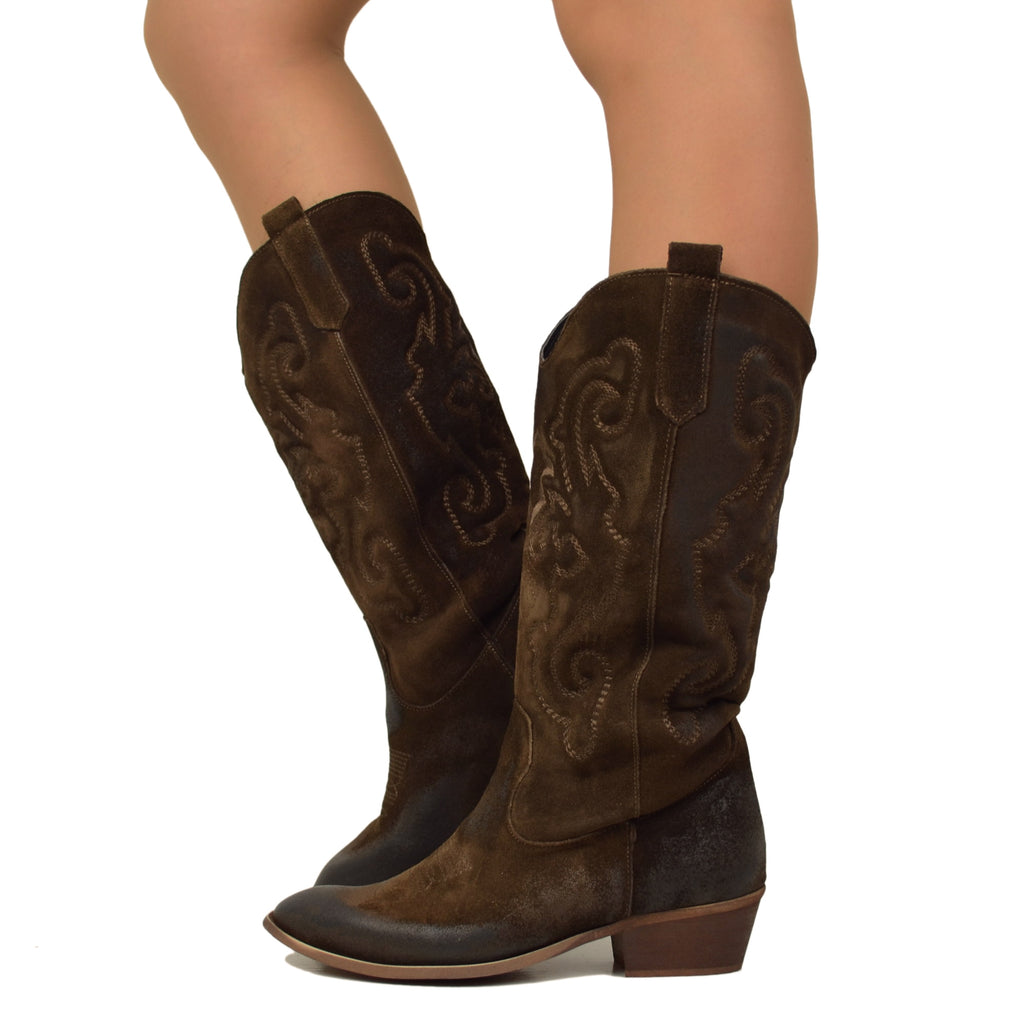 Brown Quilted Suede Texan Boots Heel 4 cm
